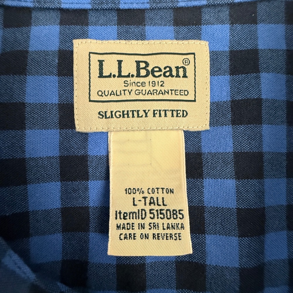 LL Bean Flannel Shirt Mens Large Tall Blue Black Gingham Cotton Button Down - Picture 2 of 10